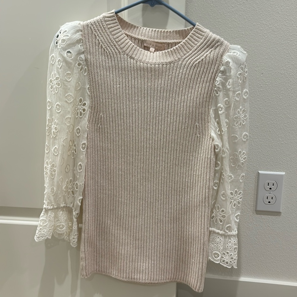 Brand new with tags: Rebecca Taylor cream and lace sleeve knit sweater, size XS